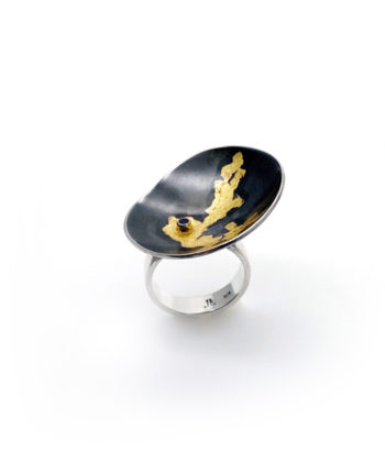 sterling silver oxidized cup ring with 24k gold leaf
